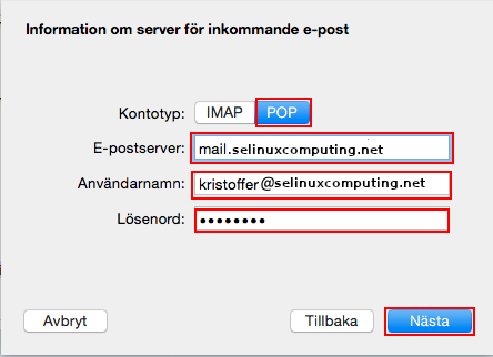 e-post Mac OS X - information om server för inkommande e-post